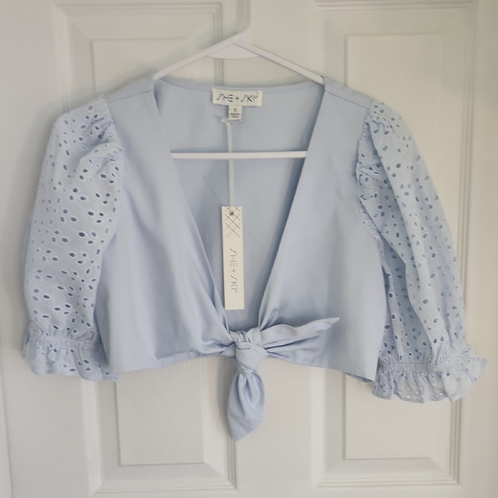 She + Sky Light Blue Eyelet Tie-Front Blouse